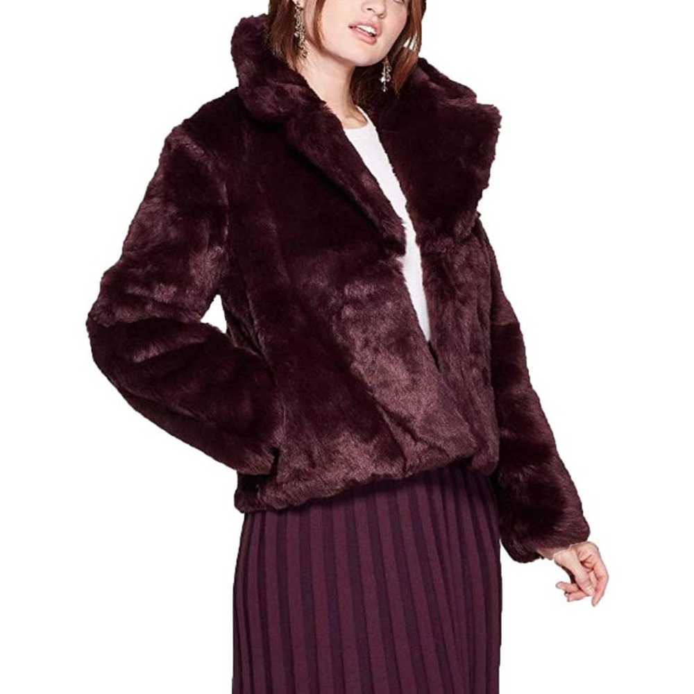 A New Day Women's Size Medium Coat Jacket Burgundy Brown Long Sleeve Faux Fur